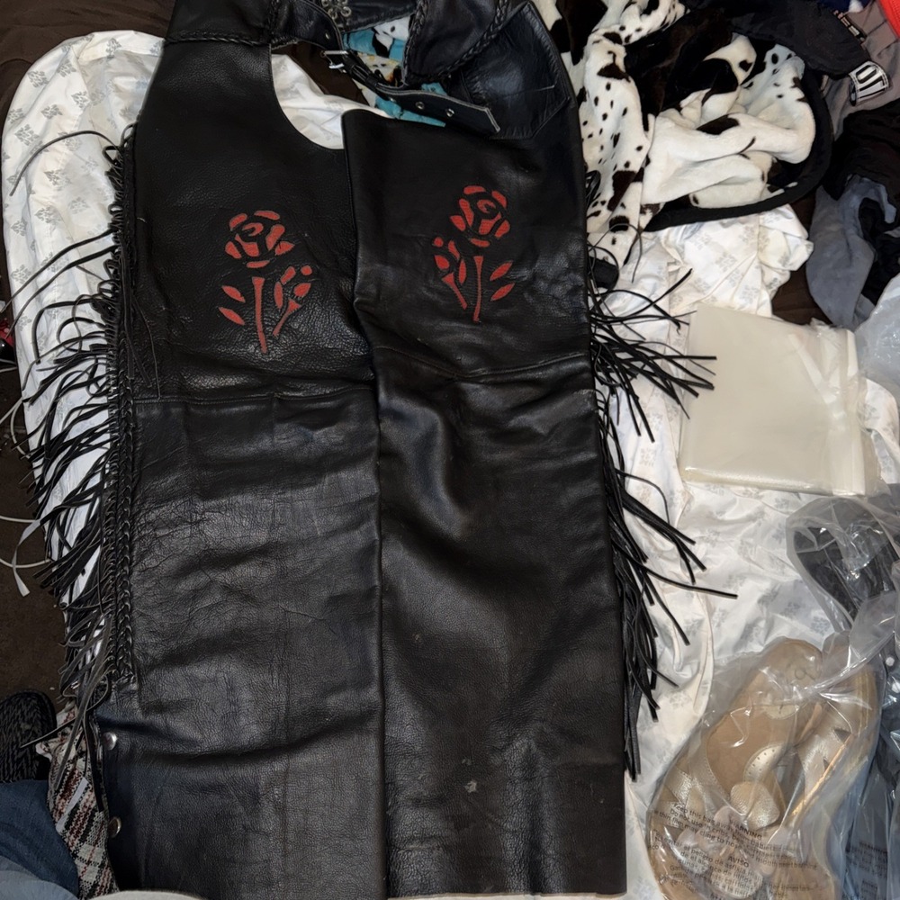 Women's Frontier Leather Black Full Leg Zipped Fringe Biker Chaps. M Color Ct2